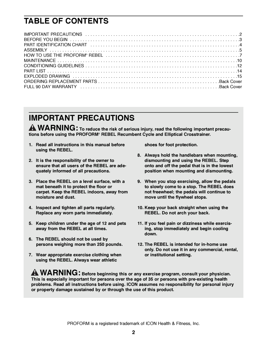 ProForm 831.285872 manual Table of Contents, Important Precautions 