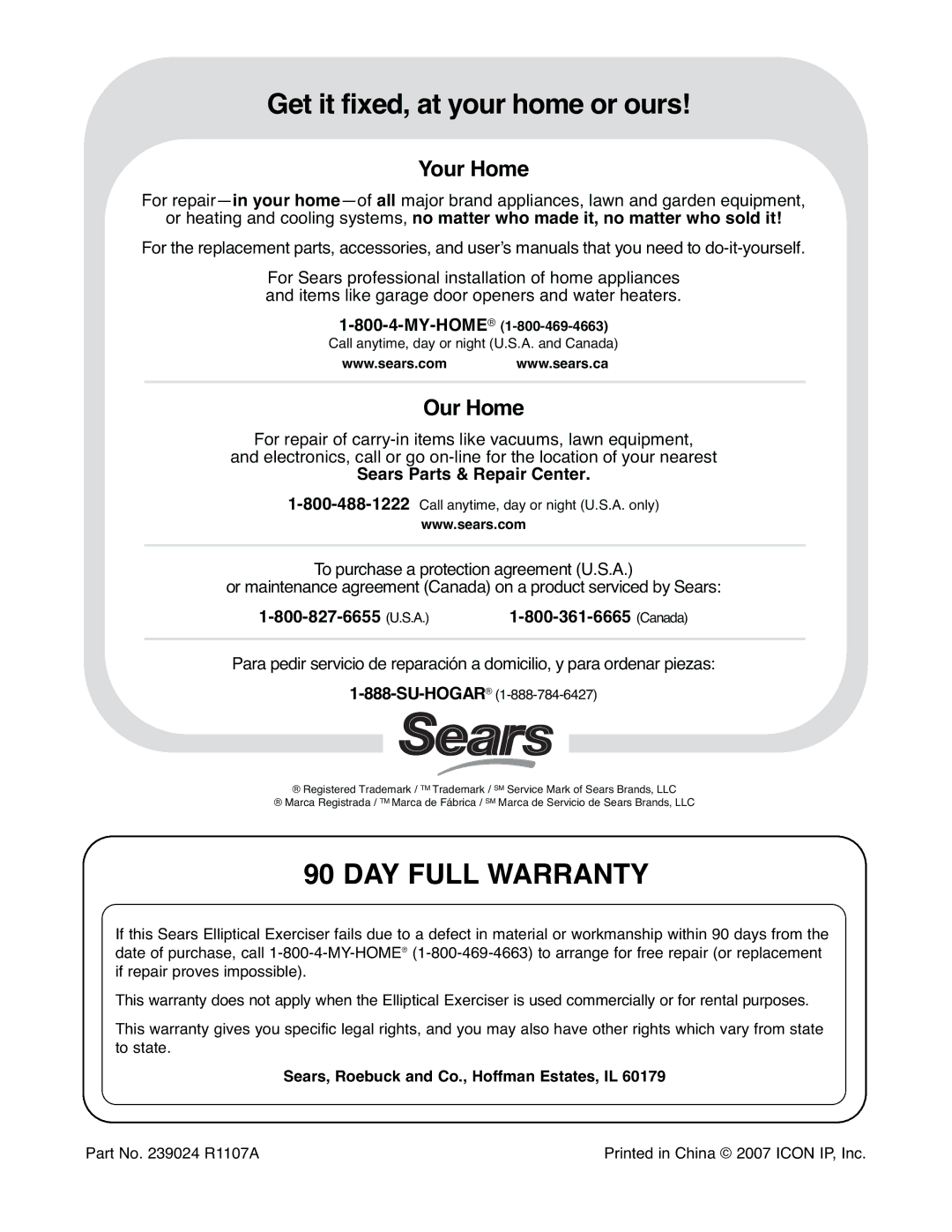 ProForm 831.28622.0 user manual Get it fixed, at your home or ours, DAY Full Warranty 