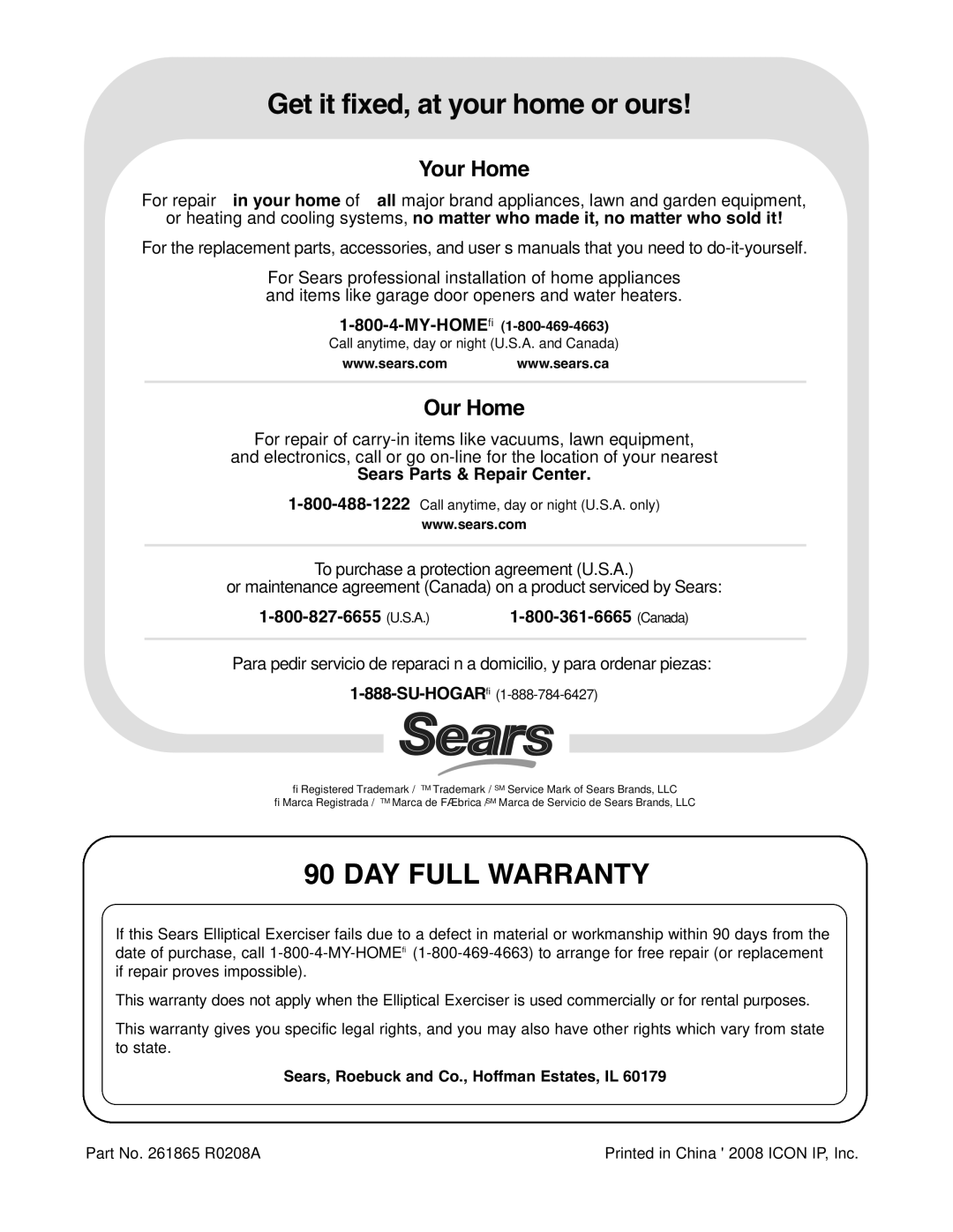 ProForm 831.28622.1 user manual Get it fixed, at your home or ours, DAY Full Warranty 