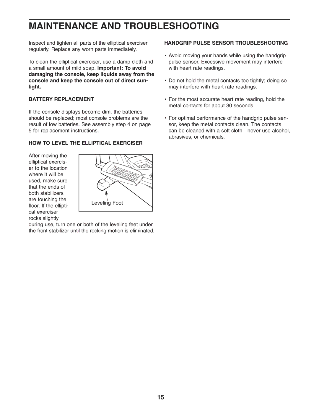 ProForm 831.28643.0 user manual Maintenance and Troubleshooting, Battery Replacement, HOW to Level the Elliptical Exerciser 