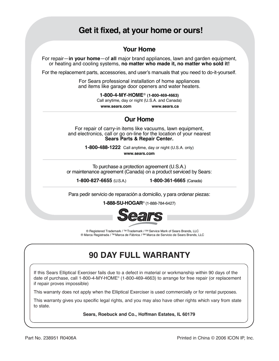 ProForm 831.28643.0 user manual Get it fixed, at your home or ours, DAY Full Warranty 