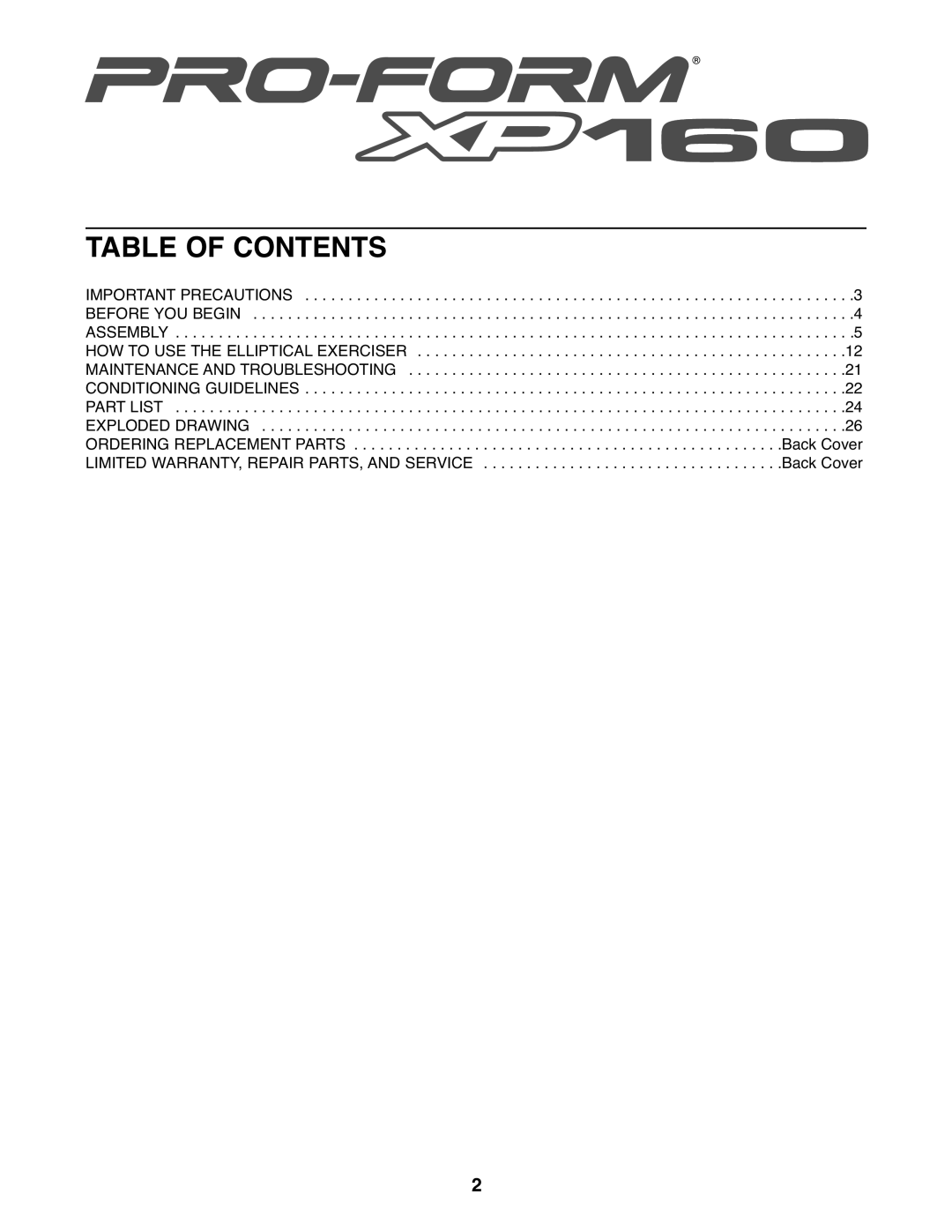 ProForm 831.28645.0 user manual Table of Contents 