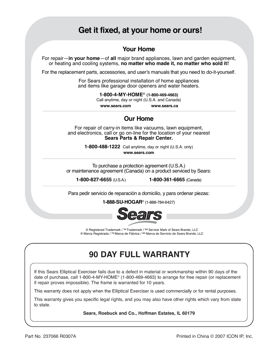 ProForm 831.28645.0 user manual Get it fixed, at your home or ours, DAY Full Warranty 