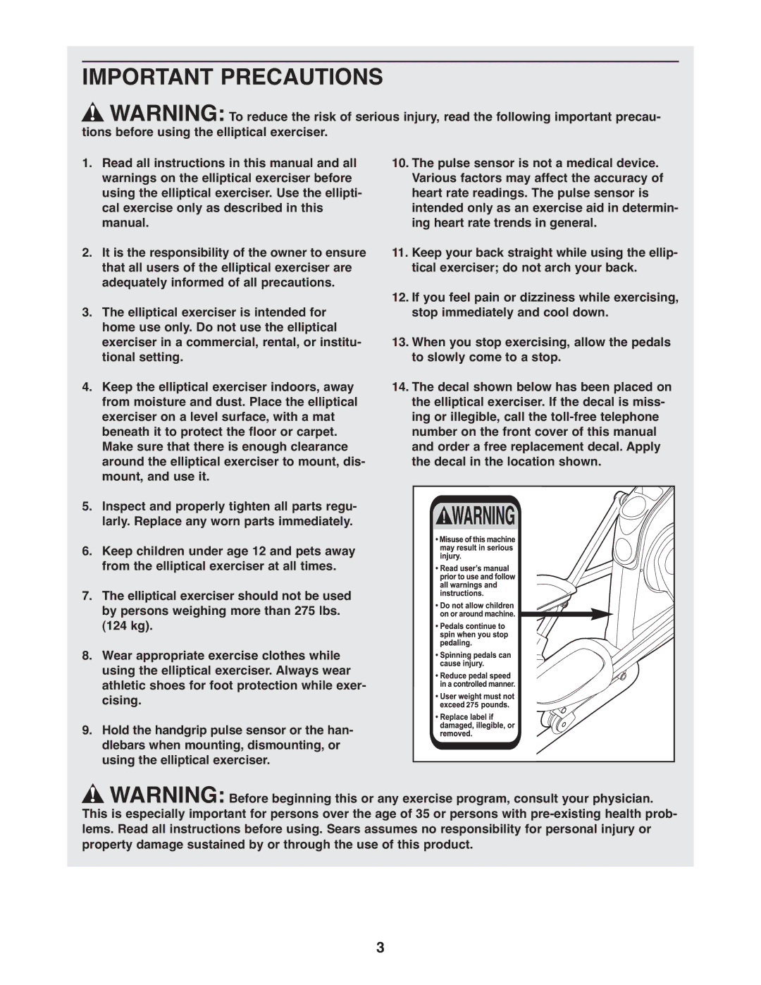 ProForm 831.28645.0 user manual Important Precautions 