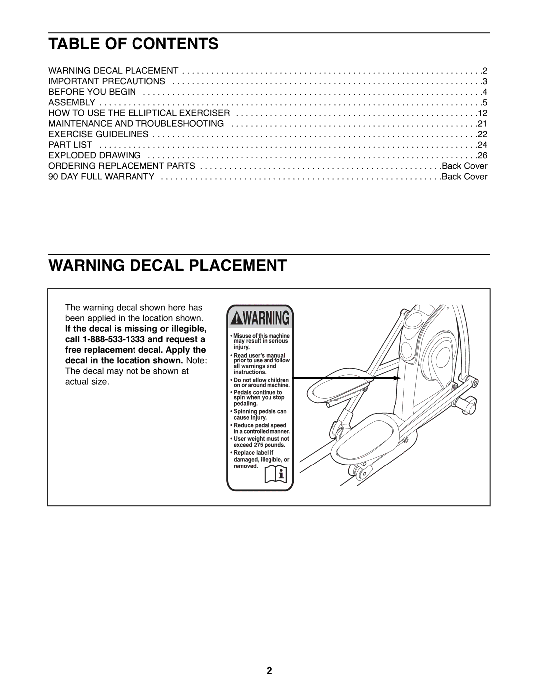 ProForm 831.28645.1 user manual Table of Contents 