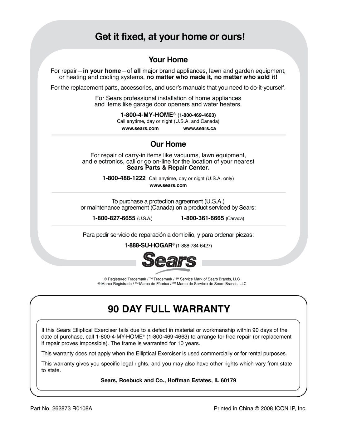 ProForm 831.28645.1 user manual Get it fixed, at your home or ours, DAY Full Warranty 