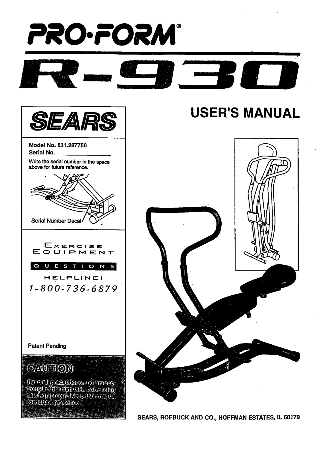 ProForm 831.28775 user manual Equipment, SEARS, Roebuck and CO., Hoffman ESTATES, IL 