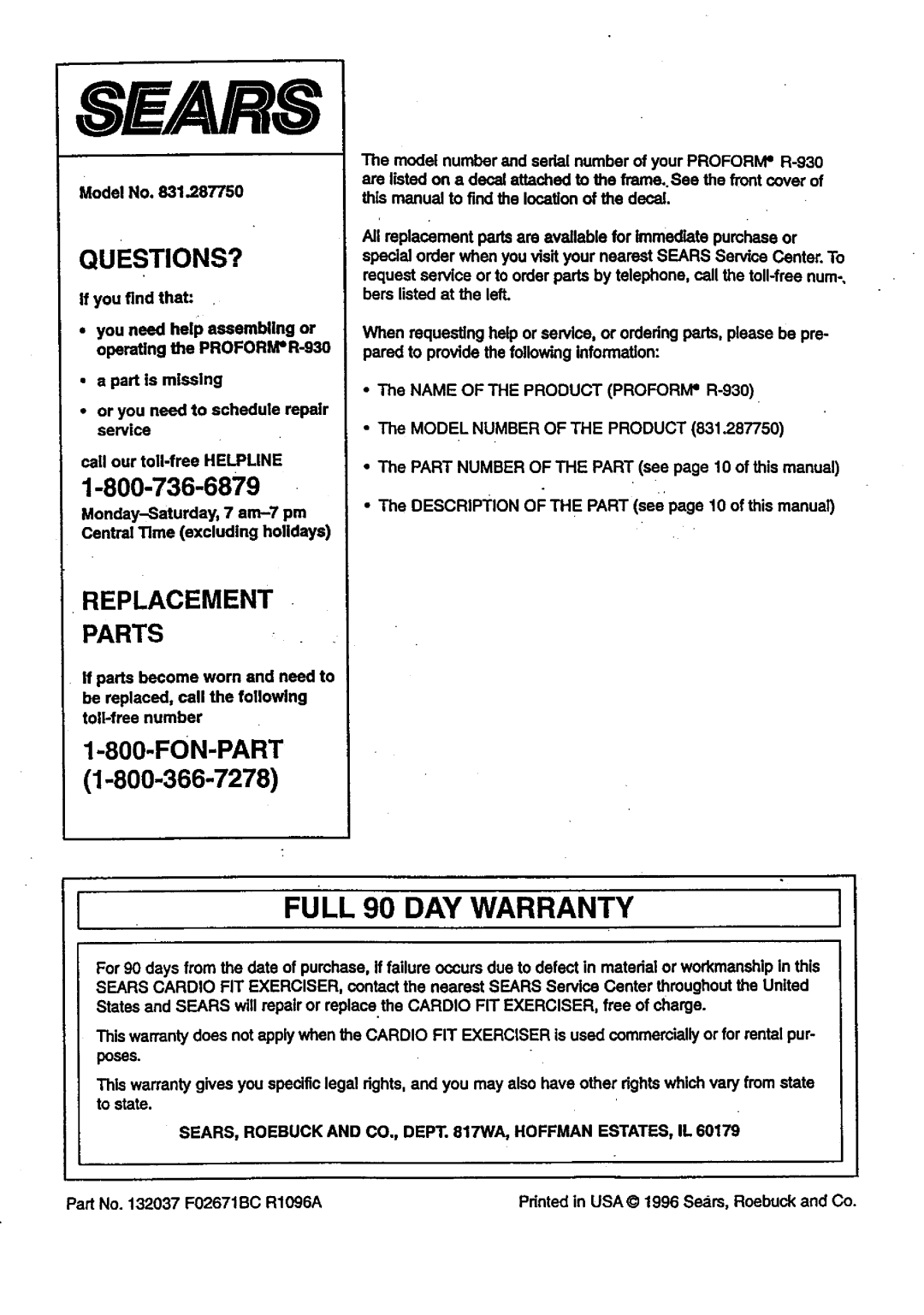 ProForm 831.28775 user manual Full 90 DAY Warranty, SEARS, Roebuck and CO., Dept WA, Hoffman ESTATES, IL 