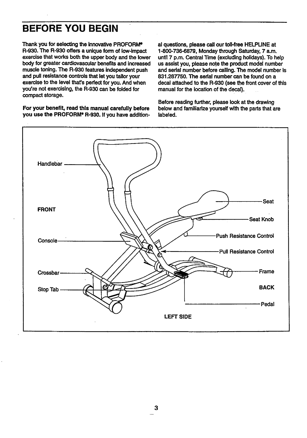 ProForm 831.28775 user manual Before YOU Begin, Front, Back, Left Side 