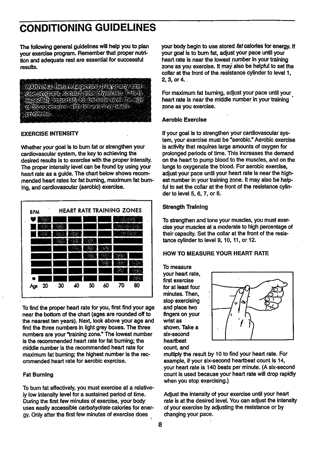 ProForm 831.28775 user manual Conditioning Guidelines, Exercise Intensity, BPM Heart Rate Training Zones 