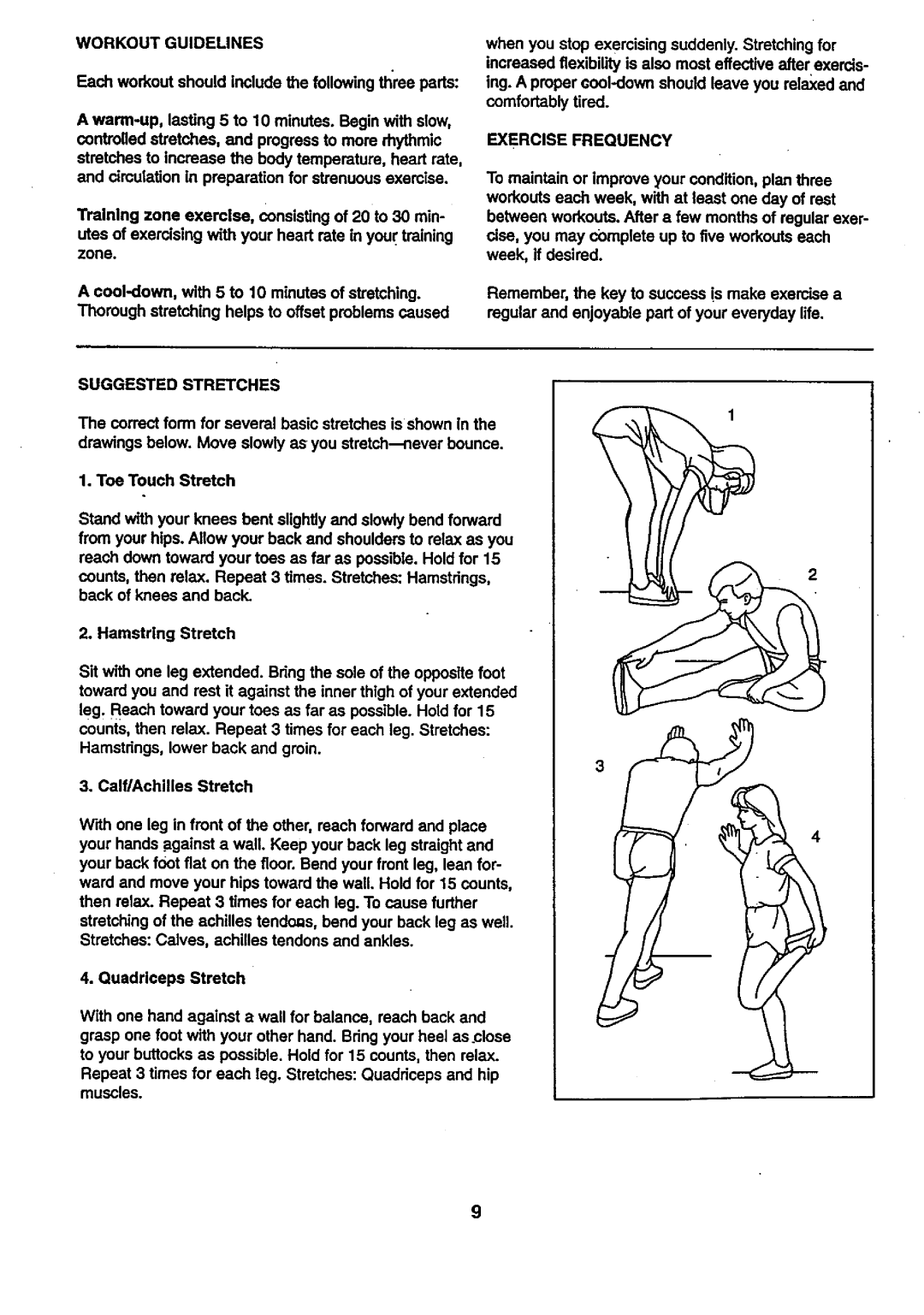 ProForm 831.28775 user manual Workout Guidelines, Exercise Frequency, Suggested Stretches 