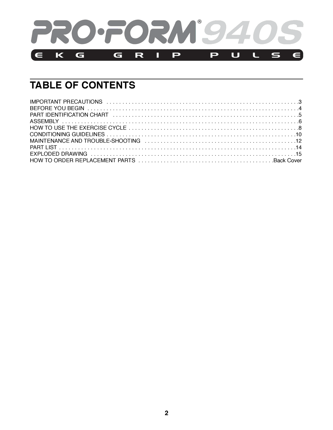 ProForm 831.288070 manual Table of Contents 