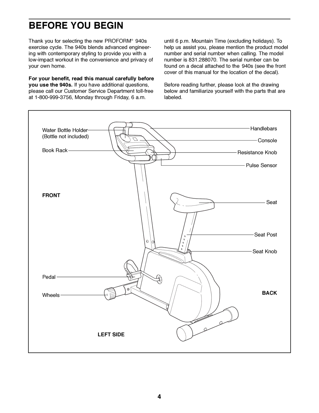 ProForm 831.288070 manual Before YOU Begin, Front, Back, Left Side 