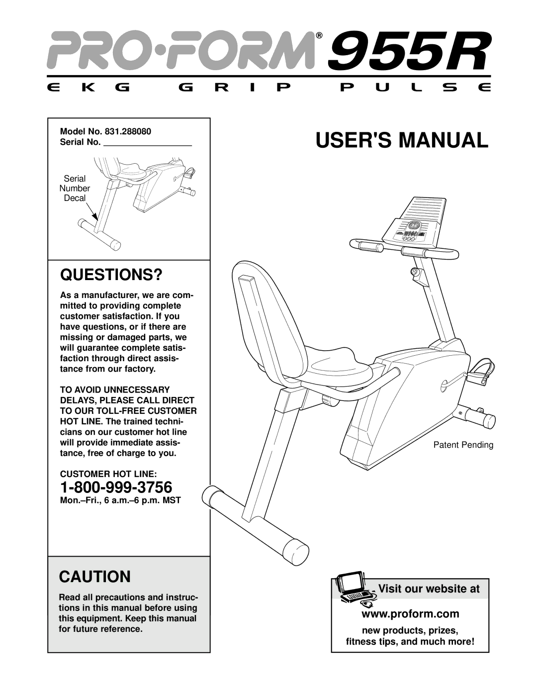 ProForm 831.288080 user manual Questions?, Model No Serial No, Customer HOT Line 