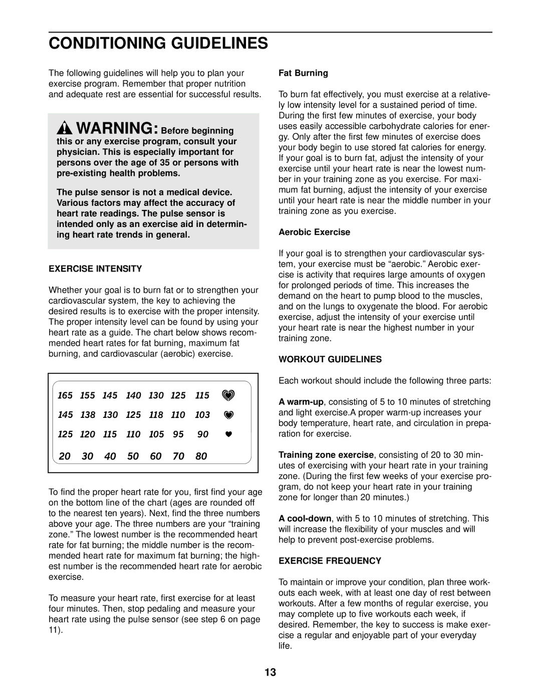 ProForm 831.288080 user manual Conditioning Guidelines, Exercise Intensity, Workout Guidelines, Exercise Frequency 