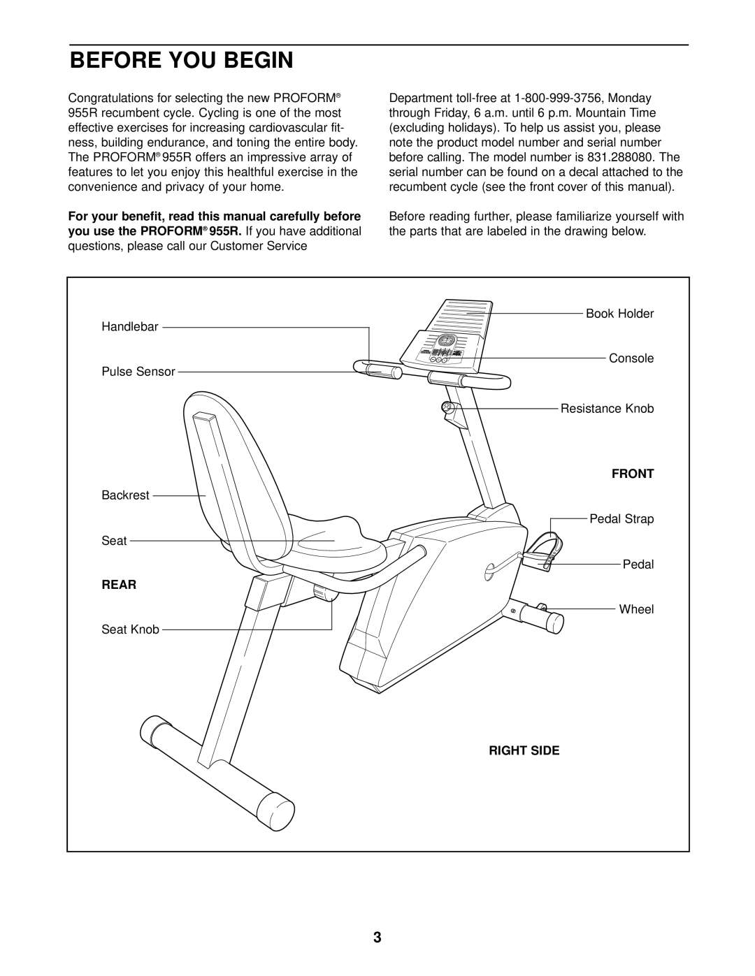 ProForm 831.288080 user manual Before YOU Begin, Front, Rear, Right Side 