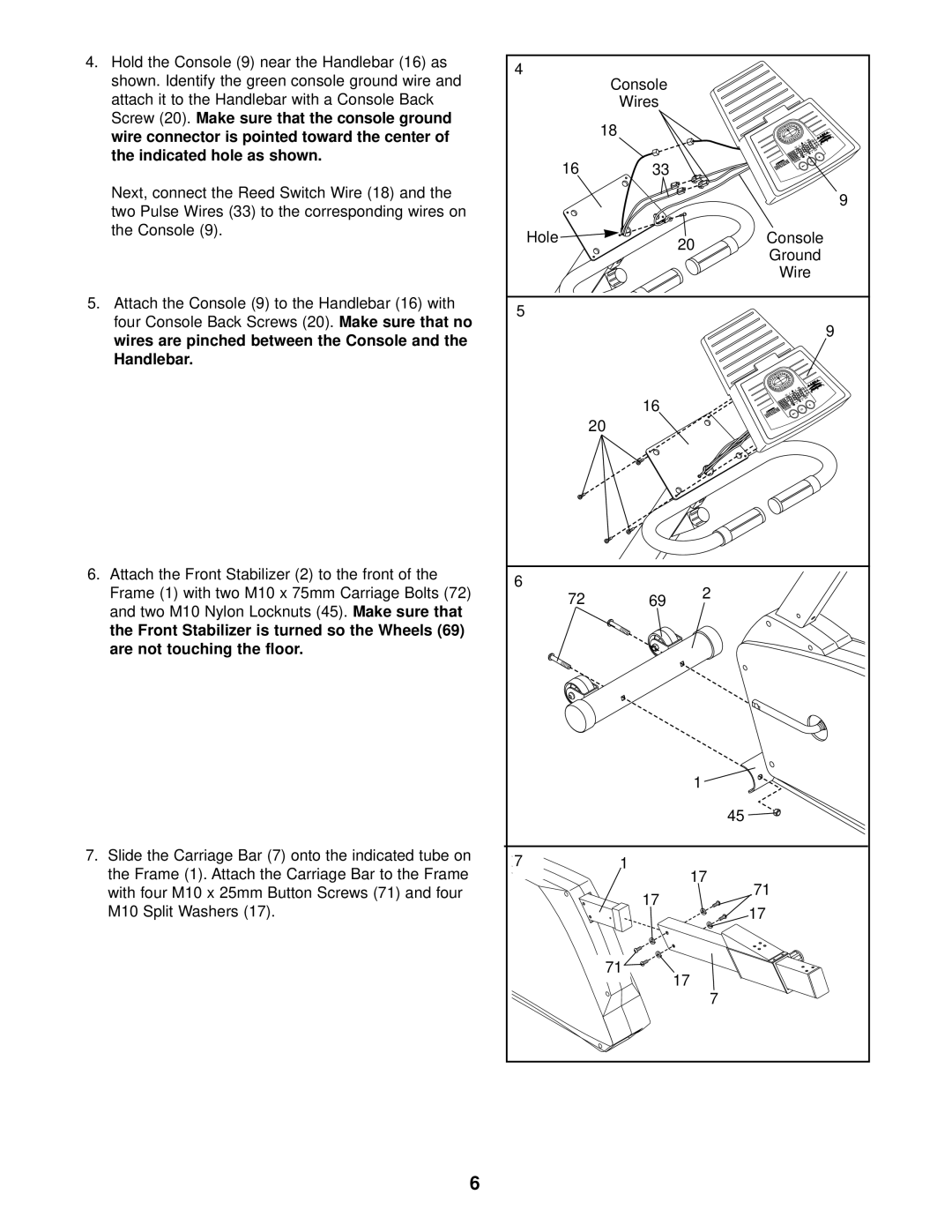 ProForm 831.288080 user manual Wires are pinched between the Console Handlebar 