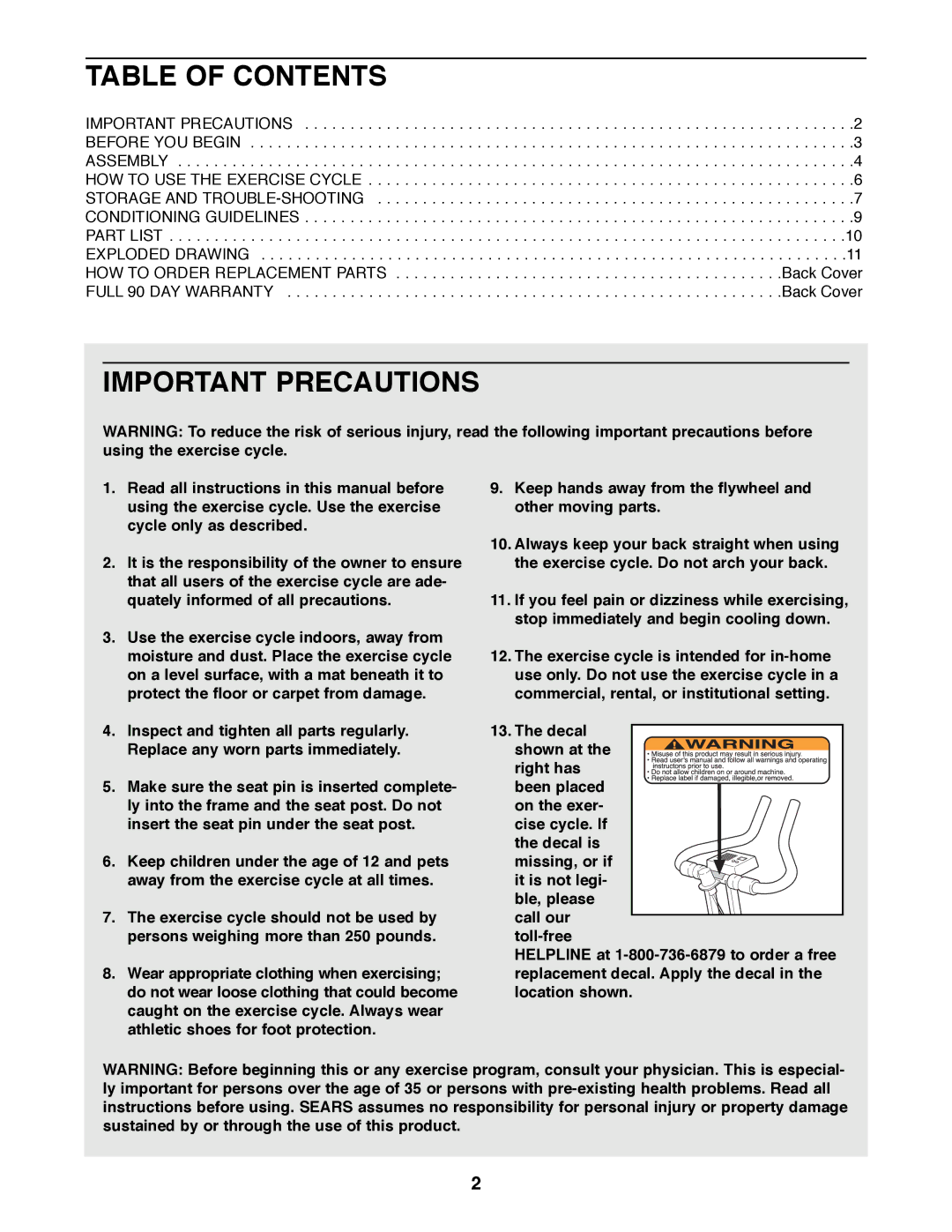 ProForm 831.288221 manual Table of Contents, Important Precautions 