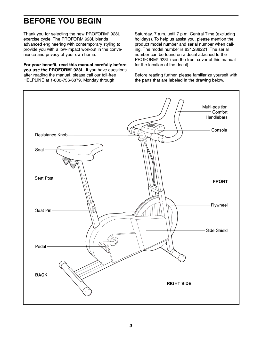 ProForm 831.288221 manual Before YOU Begin, Front, Back, Right Side 