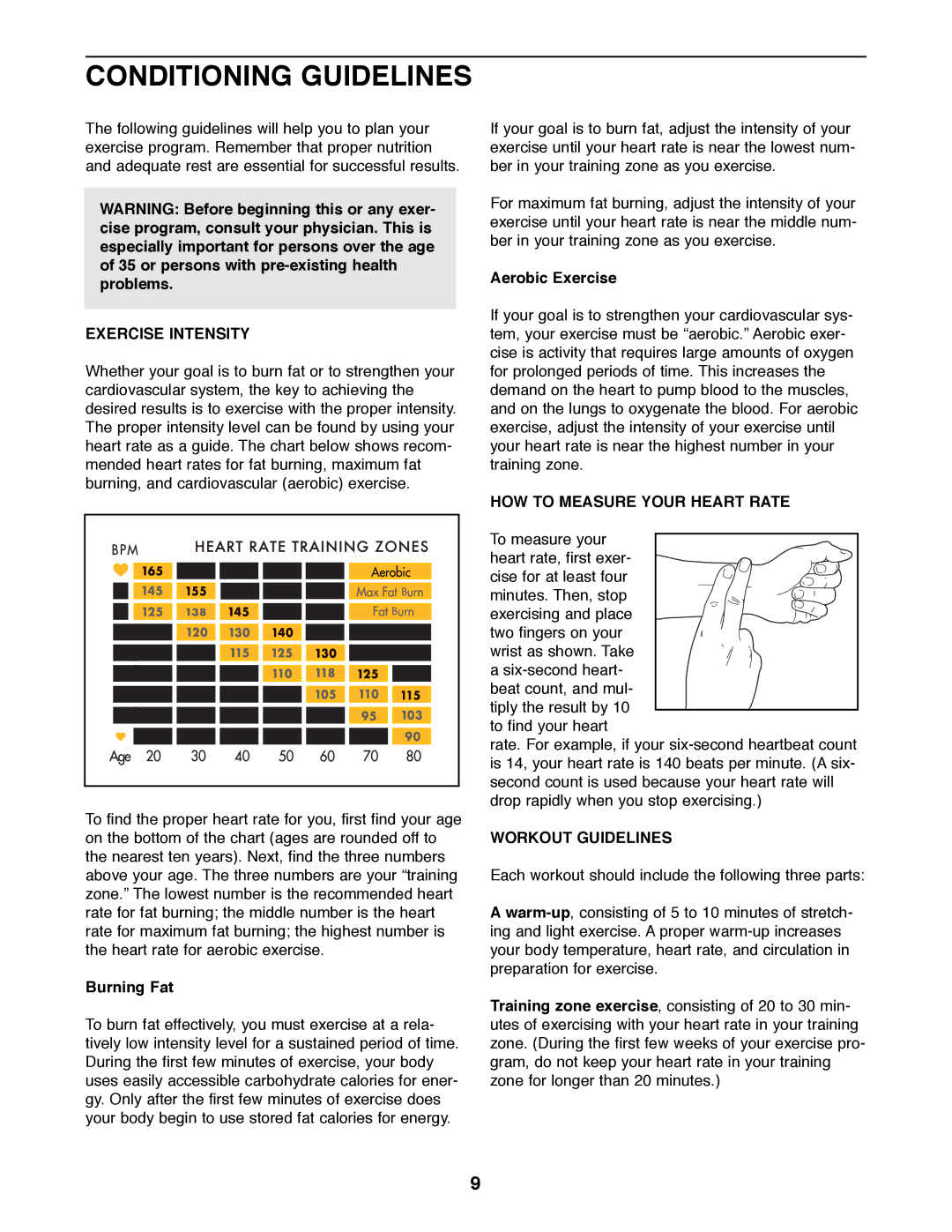 ProForm 831.288221 manual Conditioning Guidelines, Exercise Intensity, HOW to Measure Your Heart Rate, Workout Guidelines 