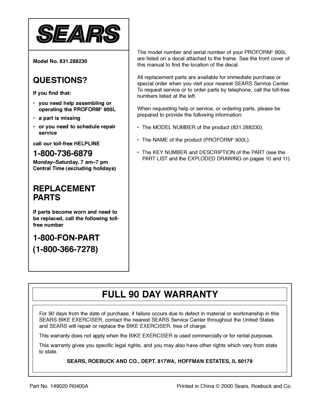 ProForm 831.288230 manual Full 90 DAY Warranty, Model No, SEARS, Roebuck and CO., Dept WA, Hoffman ESTATES, IL 