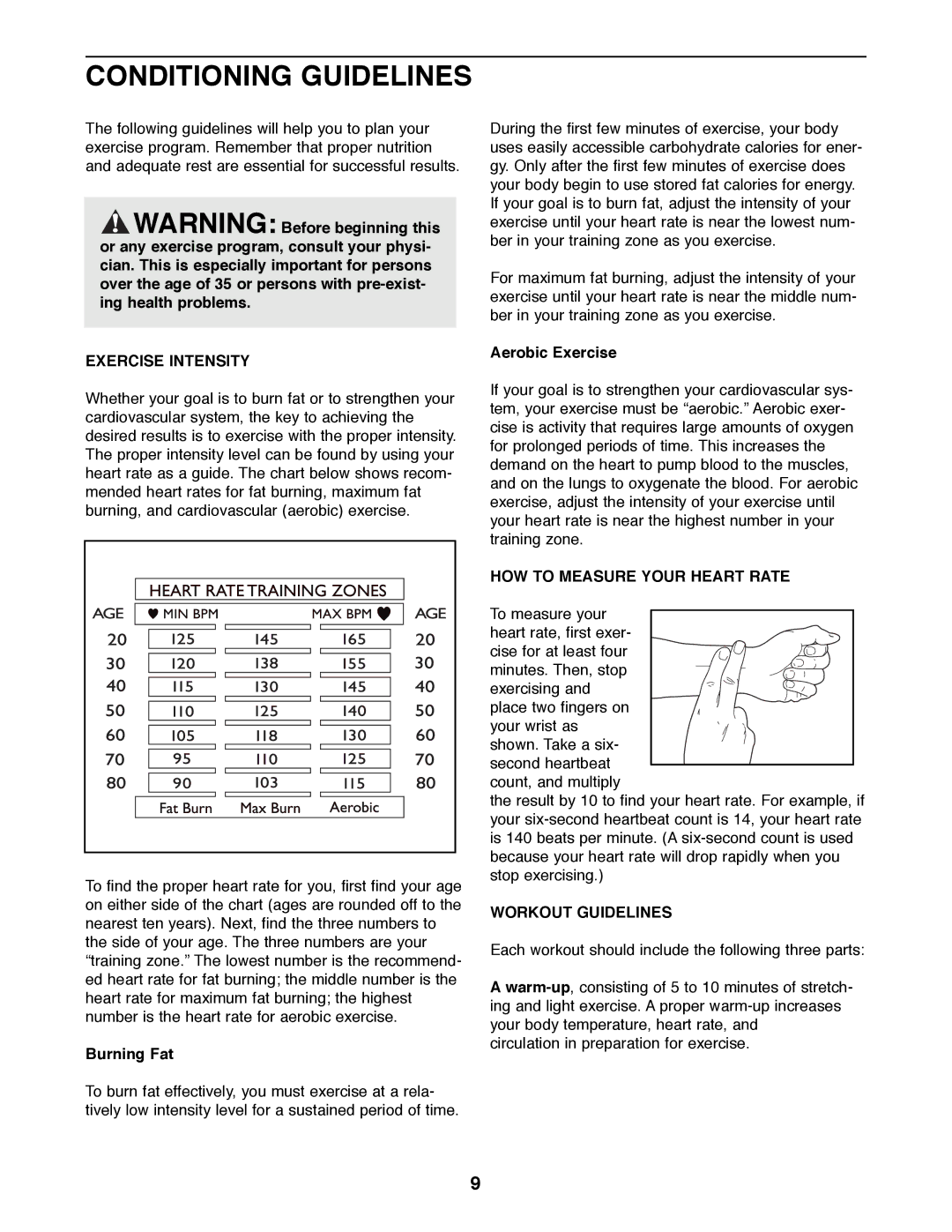 ProForm 831.288230 manual Conditioning Guidelines, Exercise Intensity, HOW to Measure Your Heart Rate, Workout Guidelines 