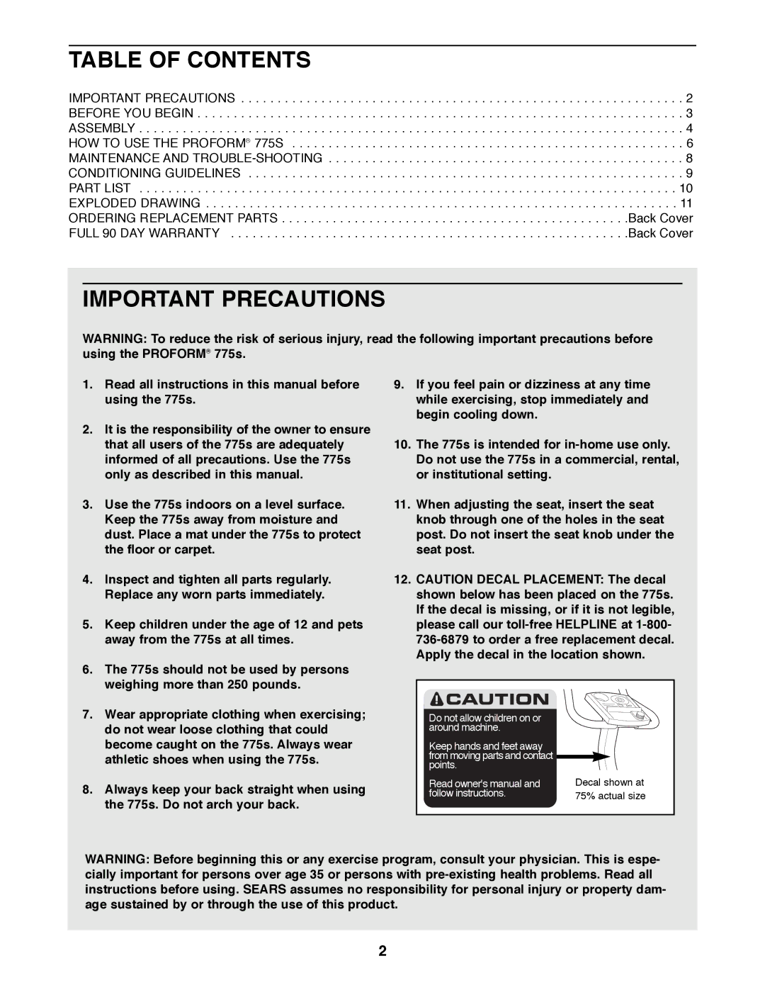 ProForm 831.288271 user manual Table of Contents, Important Precautions 