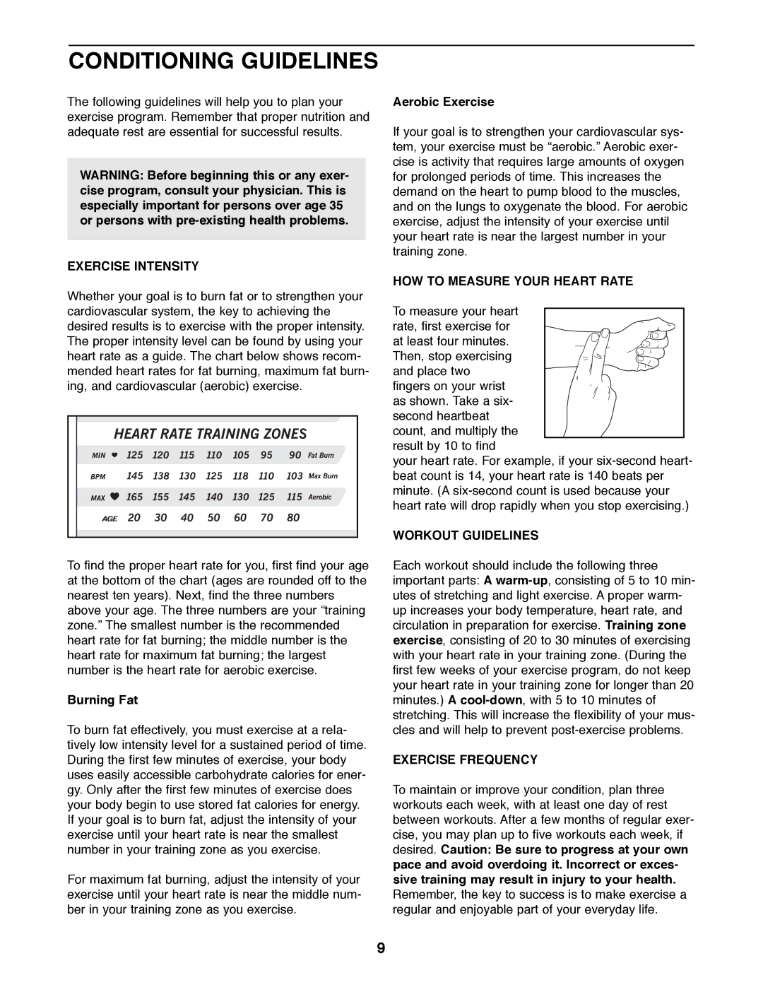 ProForm 831.288271 Conditioning Guidelines, Exercise Intensity, HOW to Measure Your Heart Rate, Workout Guidelines 