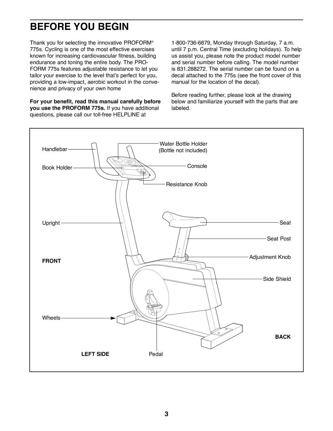 ProForm 831.288272 manual Before YOU Begin, Front, Back, Left Side 