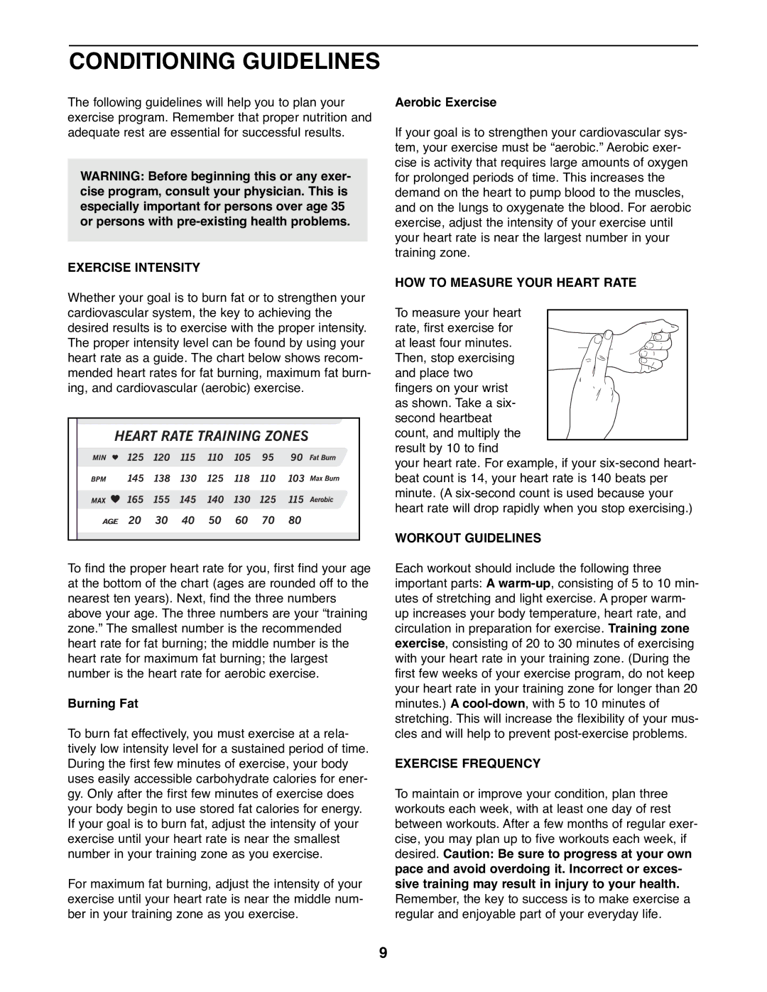 ProForm 831.288272 manual Conditioning Guidelines, Exercise Intensity, HOW to Measure Your Heart Rate, Workout Guidelines 