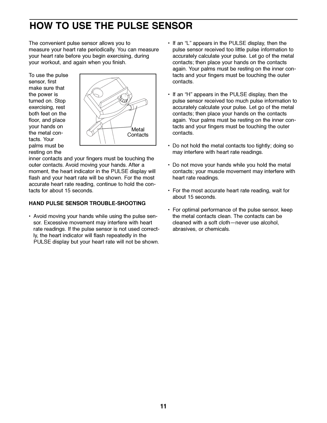 ProForm 831.288280 user manual HOW to USE the Pulse Sensor, Hand Pulse Sensor TROUBLE-SHOOTING 