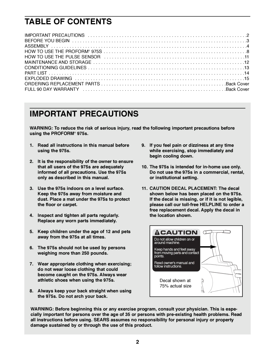 ProForm 831.288280 user manual Table of Contents, Important Precautions 