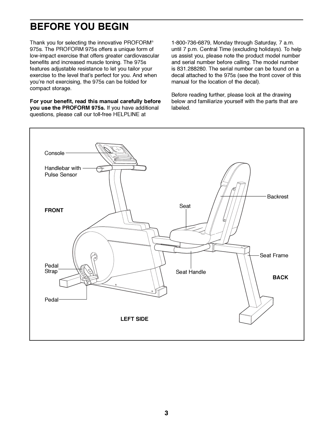 ProForm 831.288280 user manual Before YOU Begin, Front, Back, Left Side 