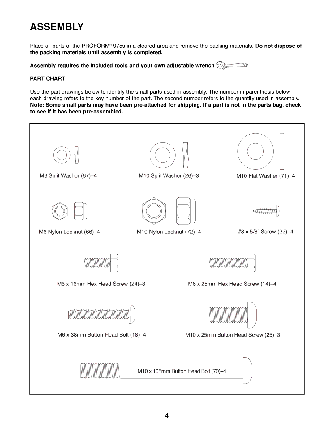 ProForm 831.288280 user manual Assembly, Part Chart 