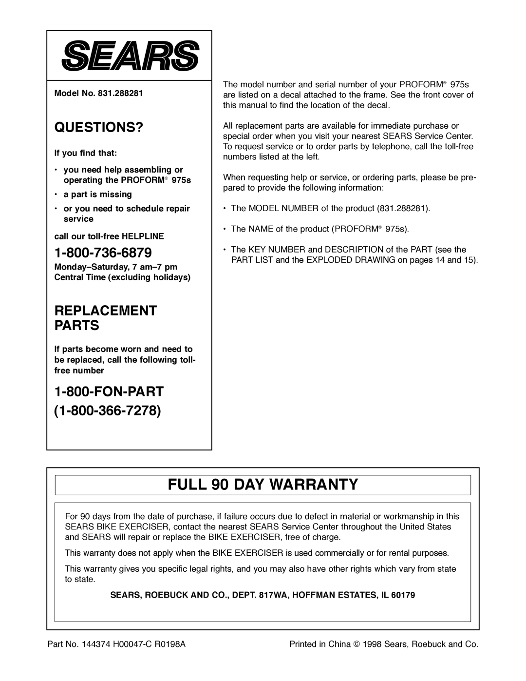 ProForm 831.288281 user manual Full 90 DAY Warranty, SEARS, Roebuck and CO., Dept WA, Hoffman ESTATES, IL 