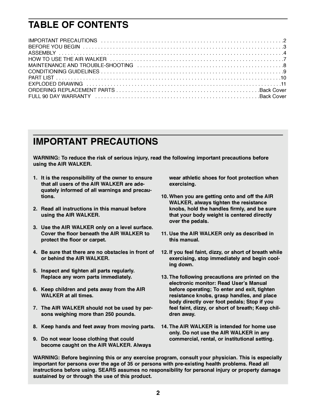 ProForm 831.290824 user manual Table of Contents, Important Precautions 