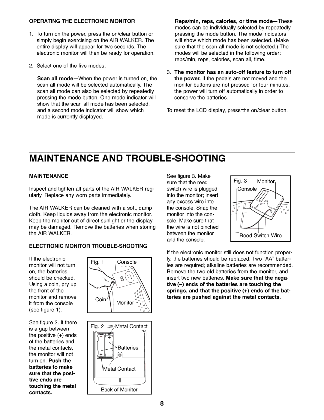 ProForm 831.290824 Maintenance and TROUBLE-SHOOTING, Operating the Electronic Monitor, Electronic Monitor TROUBLE-SHOOTING 