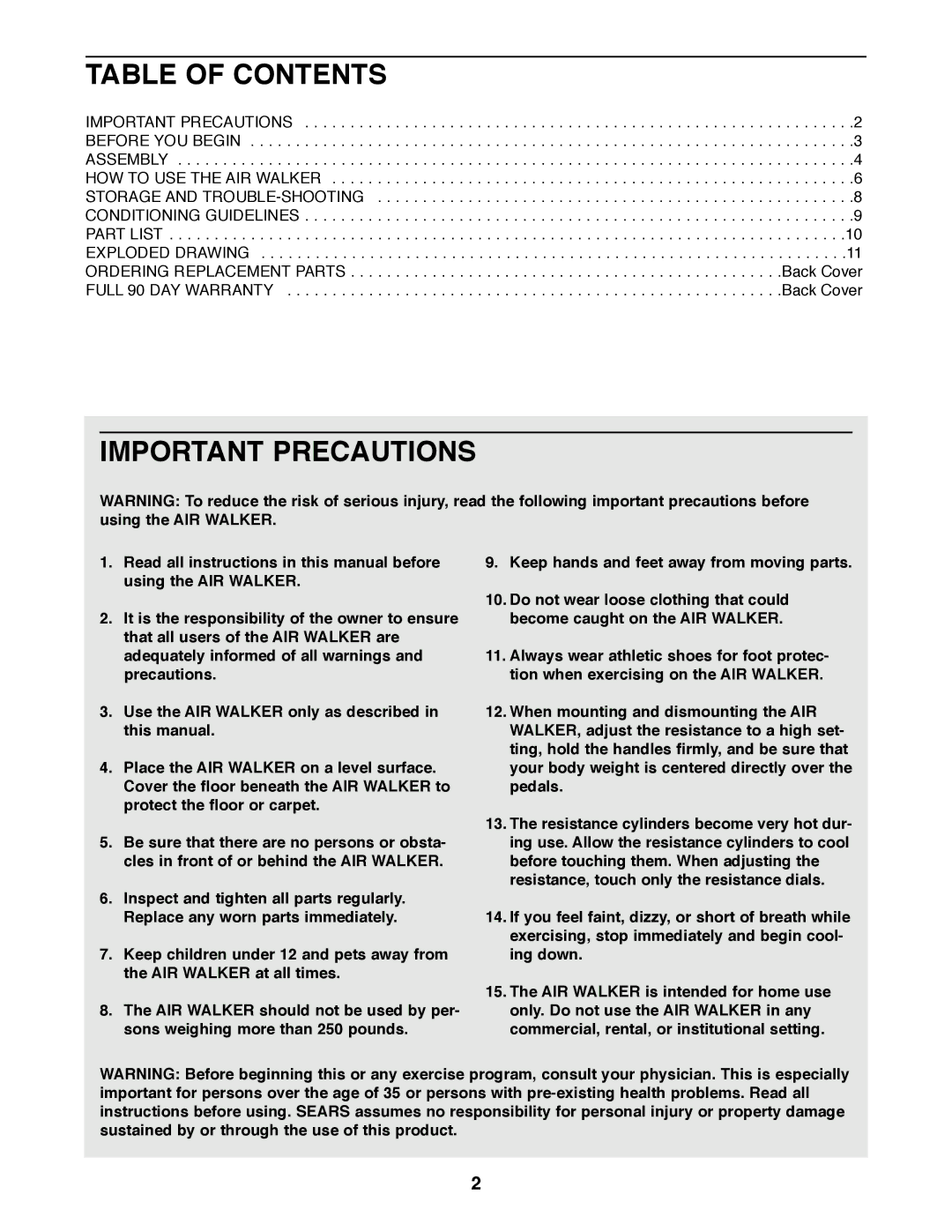 ProForm 831.290841 user manual Table of Contents, Important Precautions 