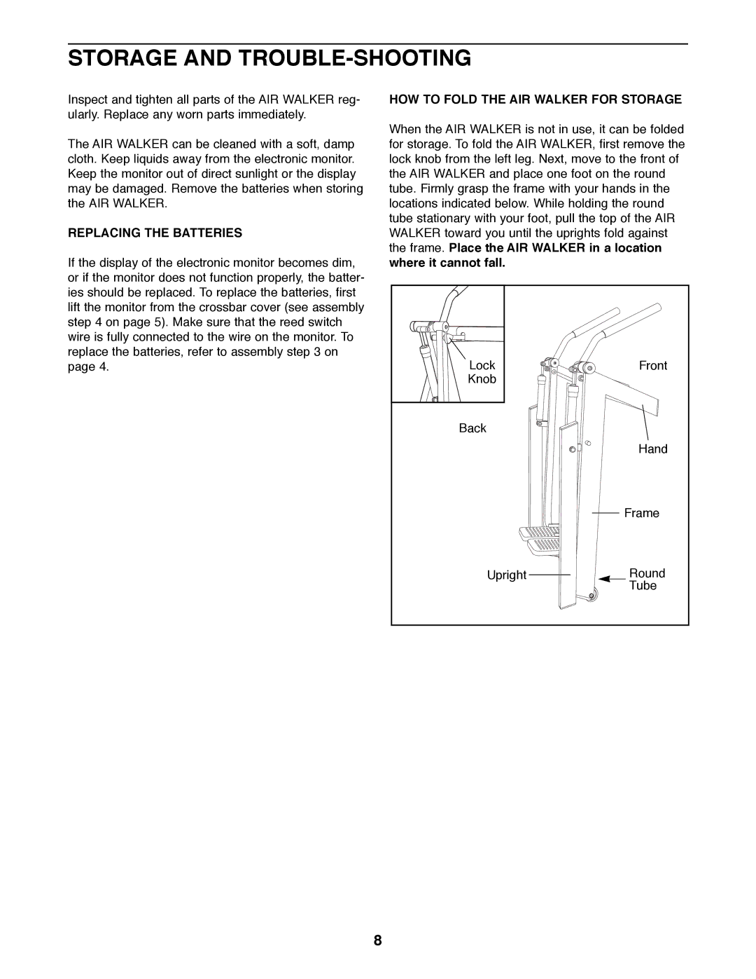 ProForm 831.290841 Storage and TROUBLE-SHOOTING, Replacing the Batteries, HOW to Fold the AIR Walker for Storage 