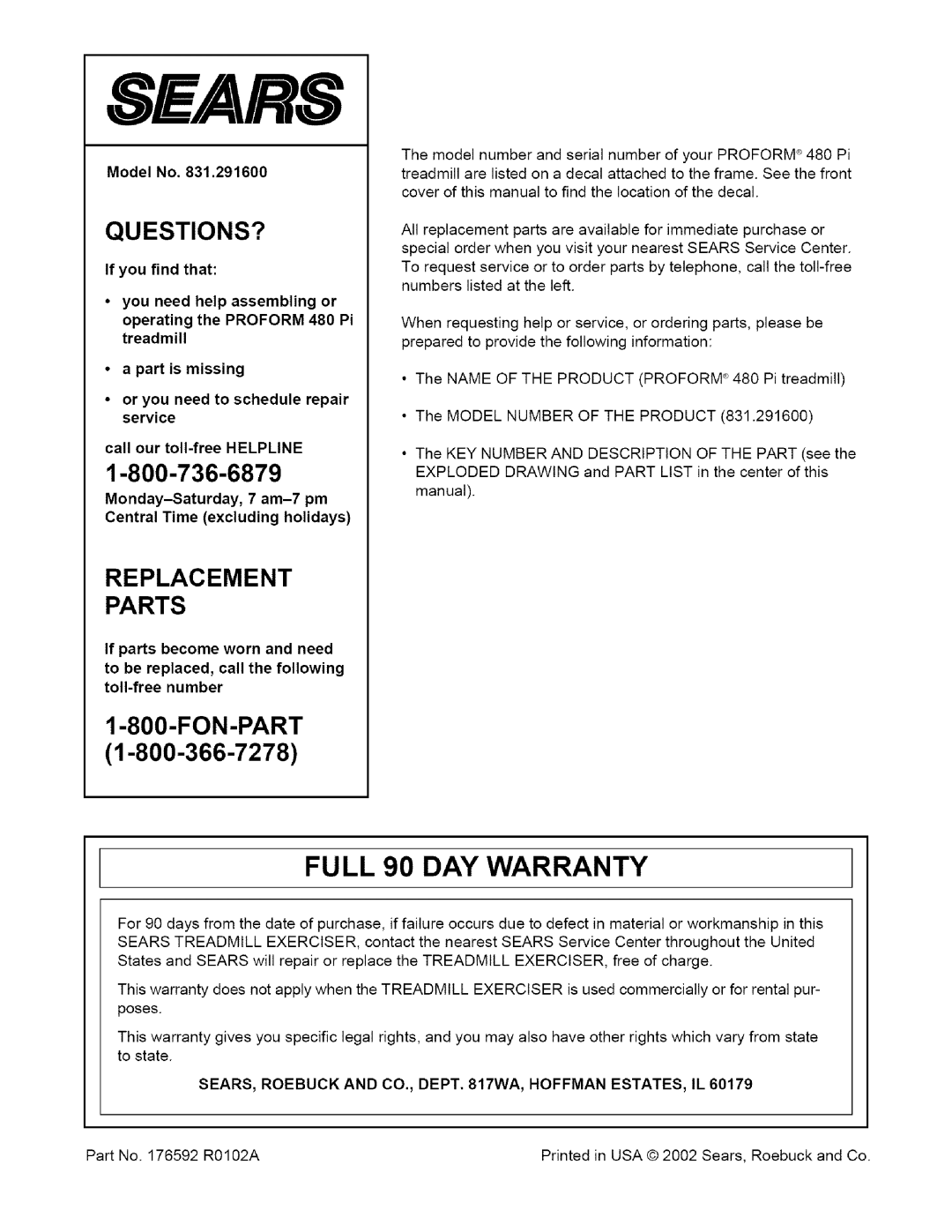 ProForm 831.2916 user manual Full 90 DAY Warranty, Model No, SEARS, Roebuck and CO., Dept WA, Hoffman ESTATES, IL 