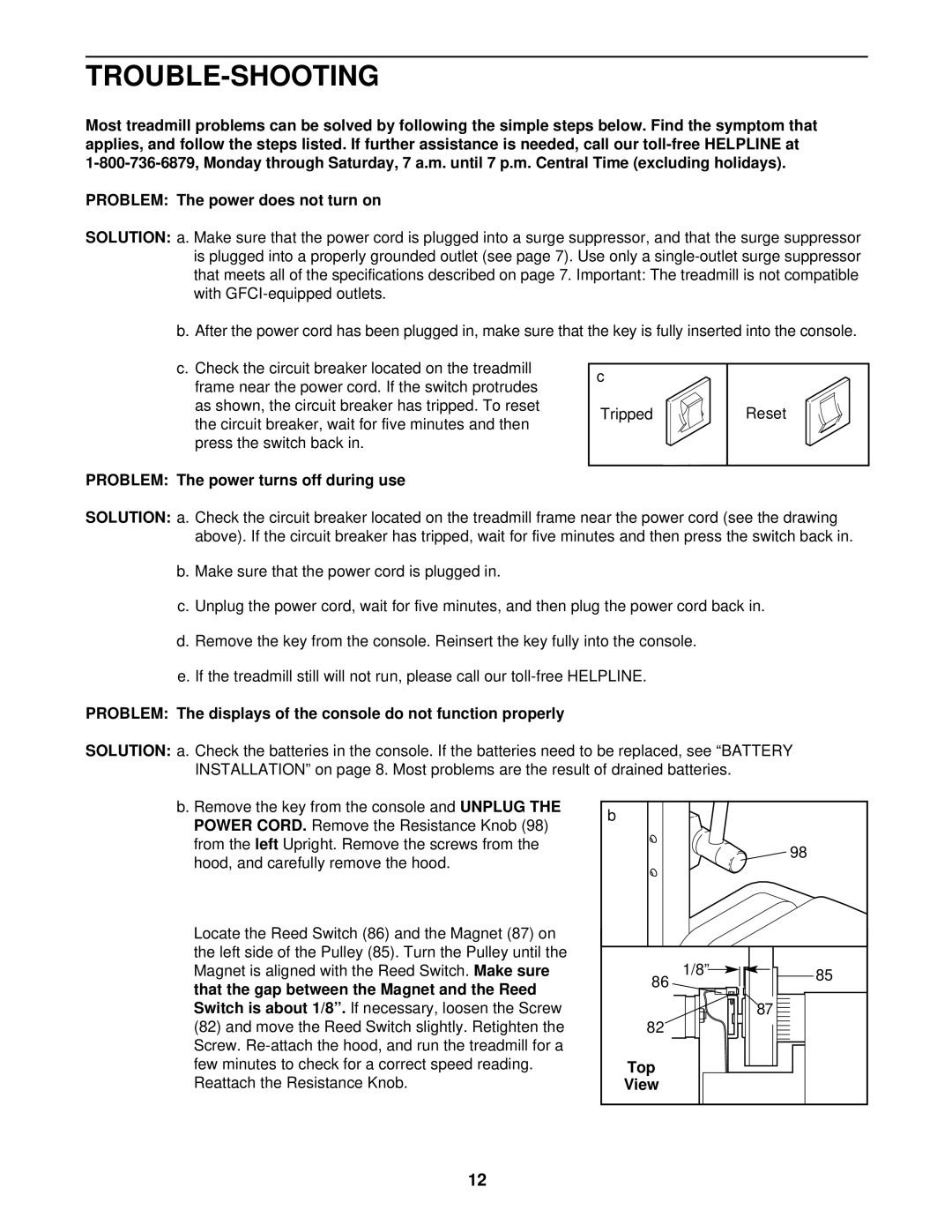 ProForm 831.291610 user manual Trouble-Shooting, Problem The power turns off during use, Top 