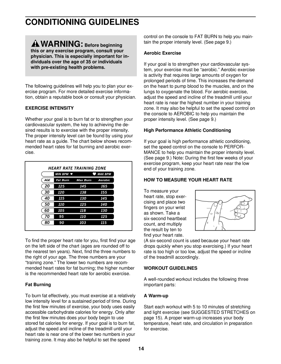 ProForm 831.291610 Conditioning Guidelines, Exercise Intensity, HOW to Measure Your Heart Rate, Workout Guidelines 