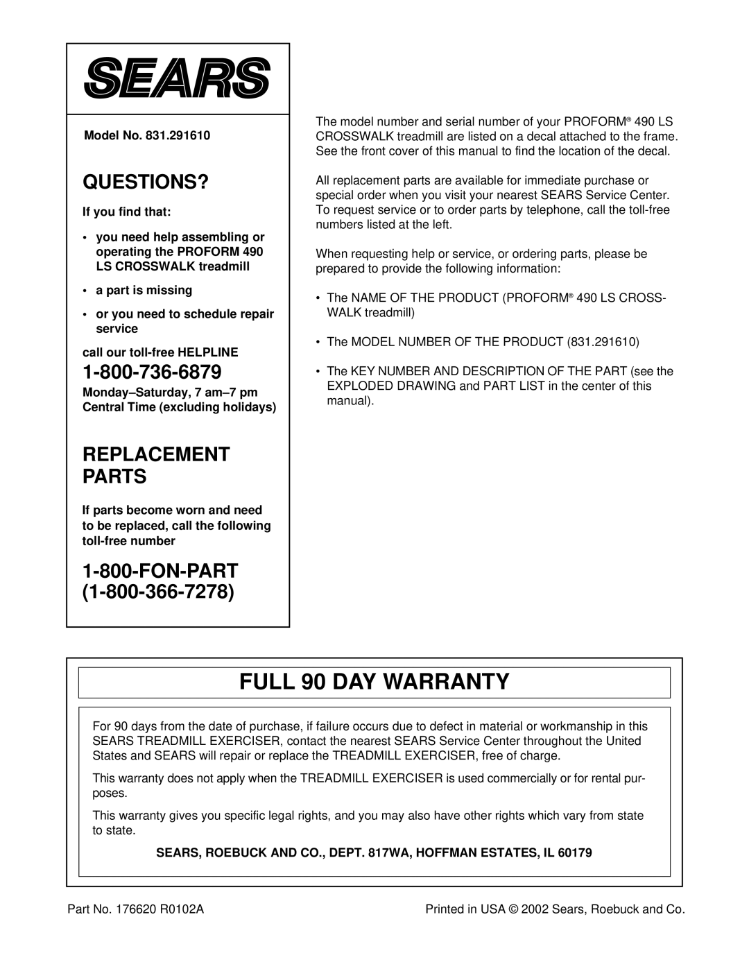 ProForm 831.291610 user manual Full 90 DAY Warranty, Model No, SEARS, Roebuck and CO., Dept WA, Hoffman ESTATES, IL 