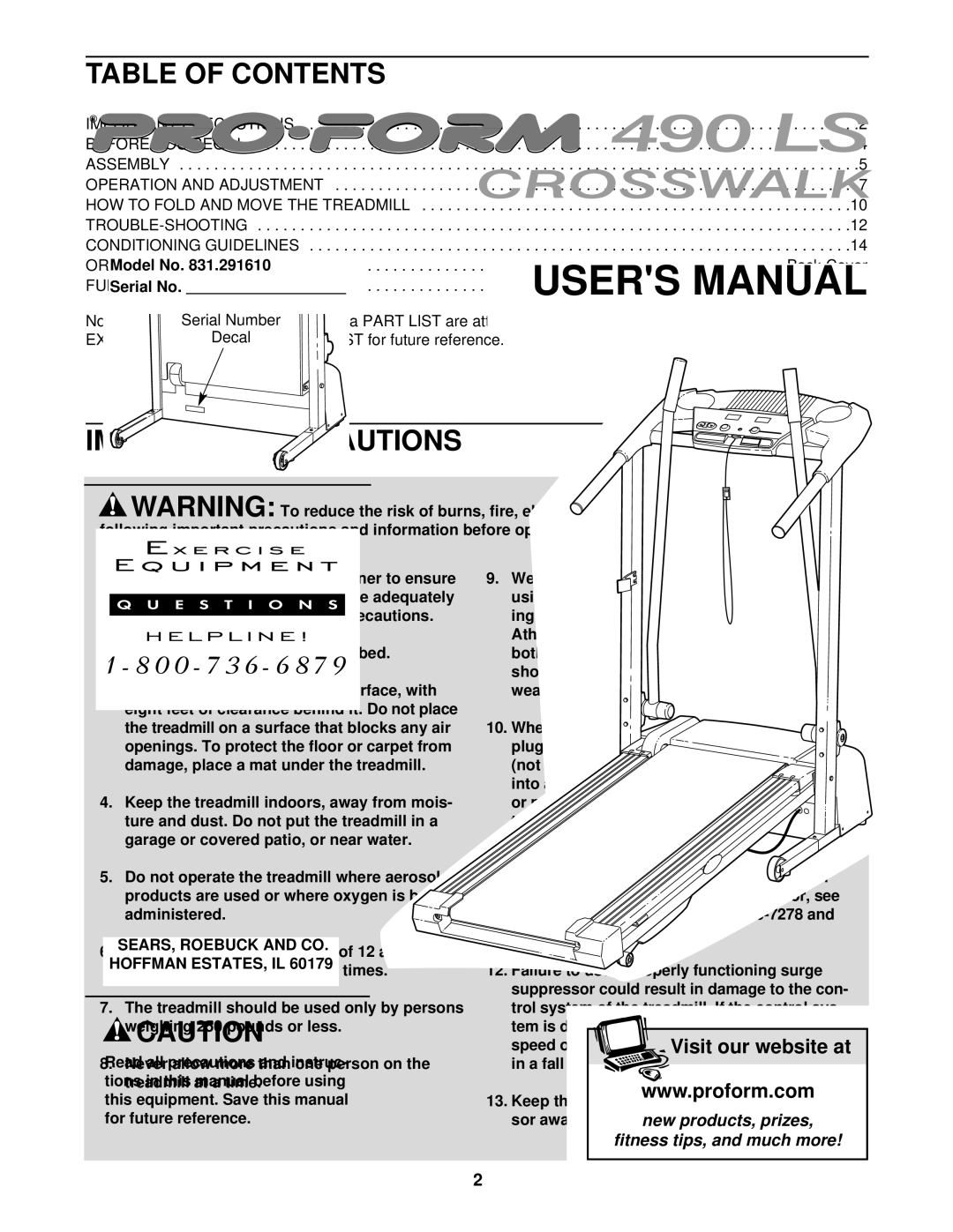 ProForm 831.291610 user manual Table of Contents, Important Precautions 