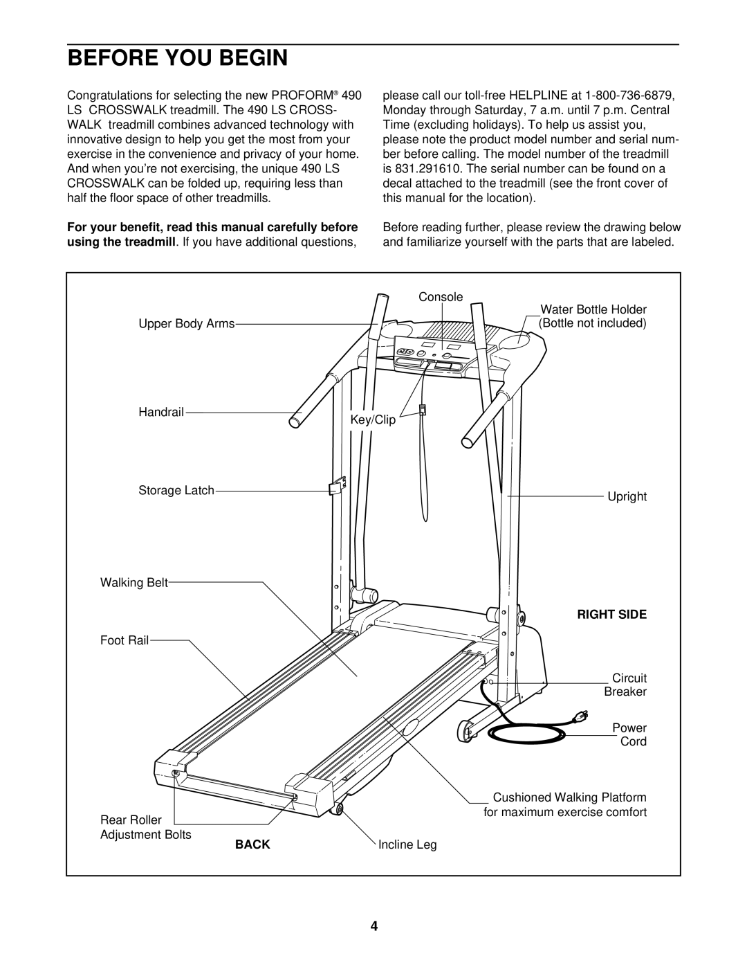 ProForm 831.291610 user manual Before YOU Begin, Right Side, Back 