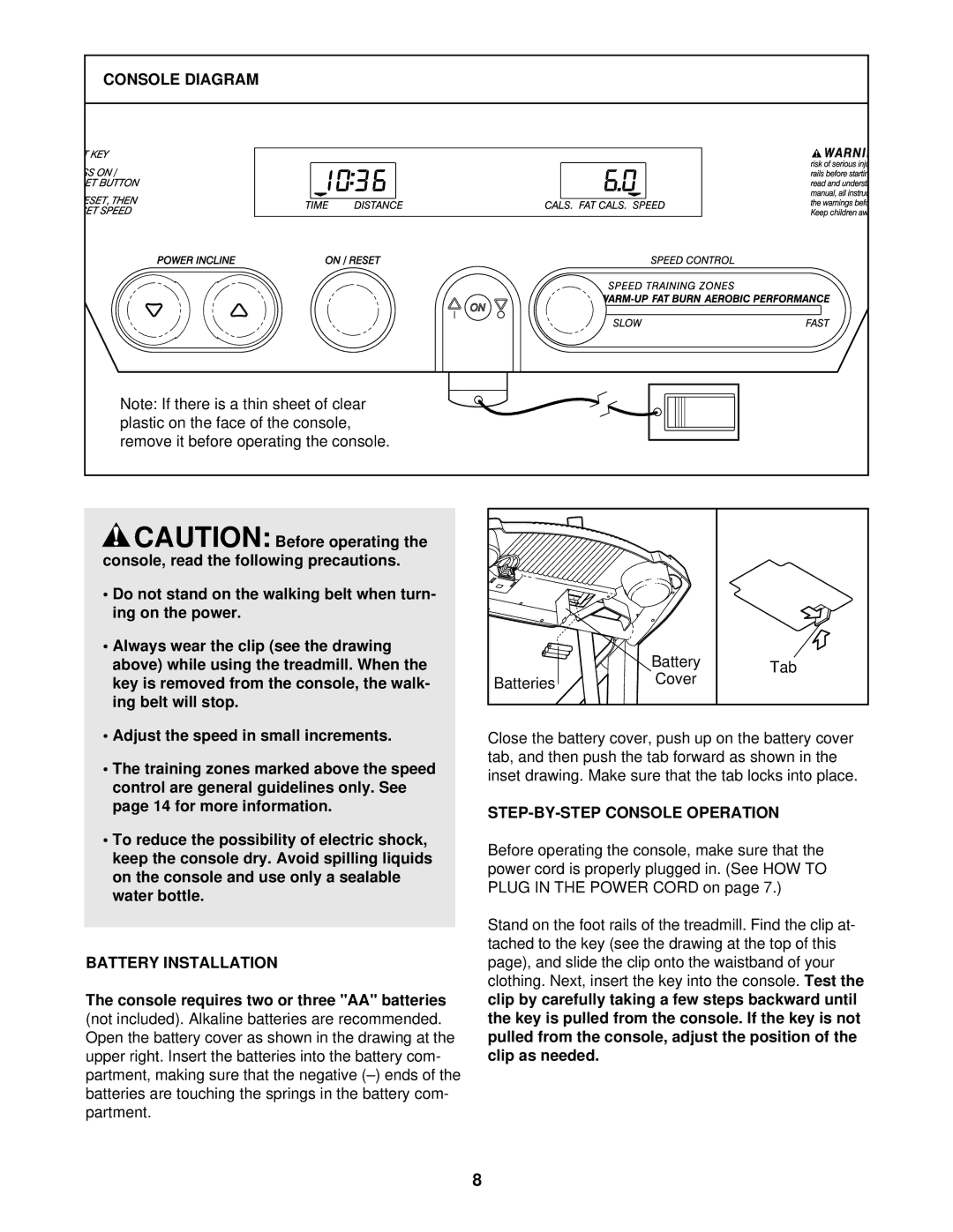 ProForm 831.291610 user manual Console Diagram, Battery Installation, STEP-BY-STEP Console Operation 