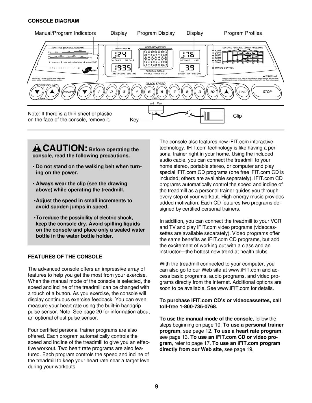 ProForm 831.291671 user manual Console Diagram, To reduce the possibility of electric shock, Features of the Console 