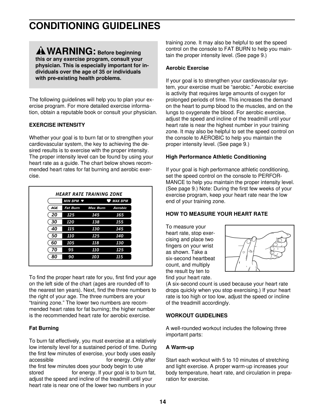 ProForm 831.291710 Conditioning Guidelines, Exercise Intensity, HOW to Measure Your Heart Rate, Workout Guidelines 