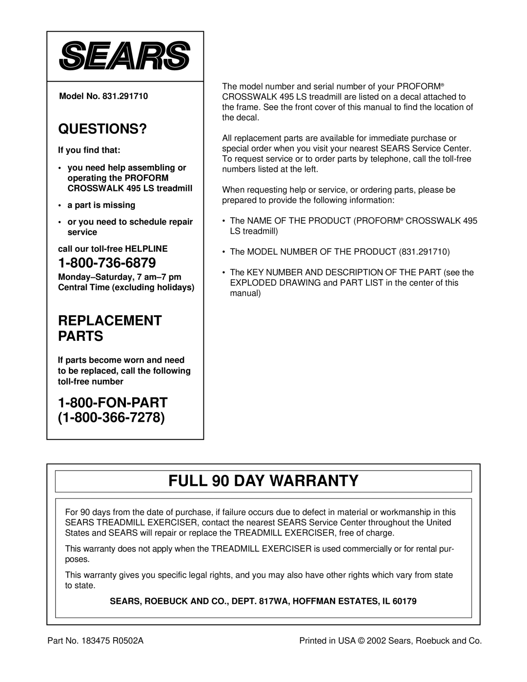 ProForm 831.291710 user manual Full 90 DAY Warranty, SEARS, Roebuck and CO., Dept WA, Hoffman ESTATES, IL 