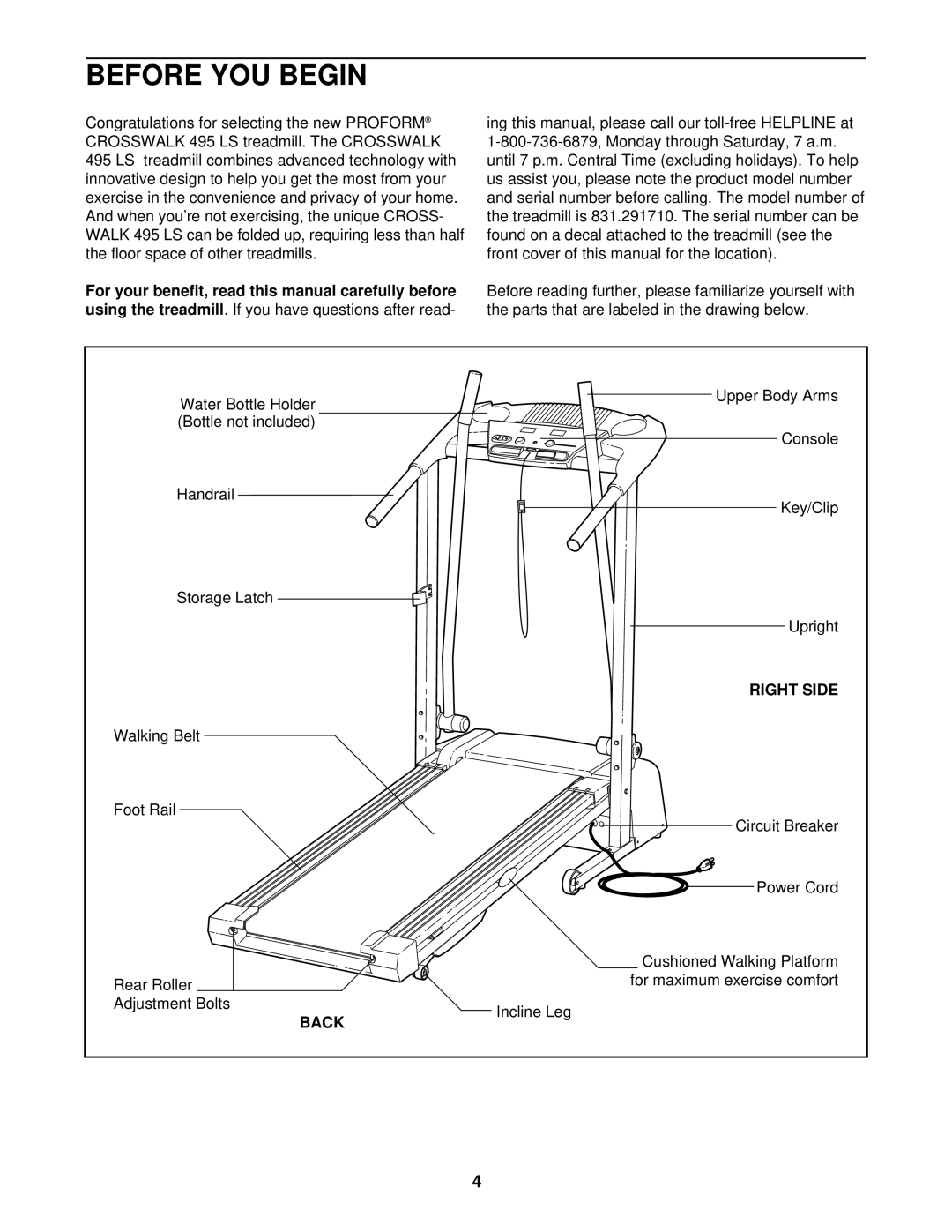 ProForm 831.291710 user manual Before YOU Begin, For your benefit, read this manual carefully before, Back 